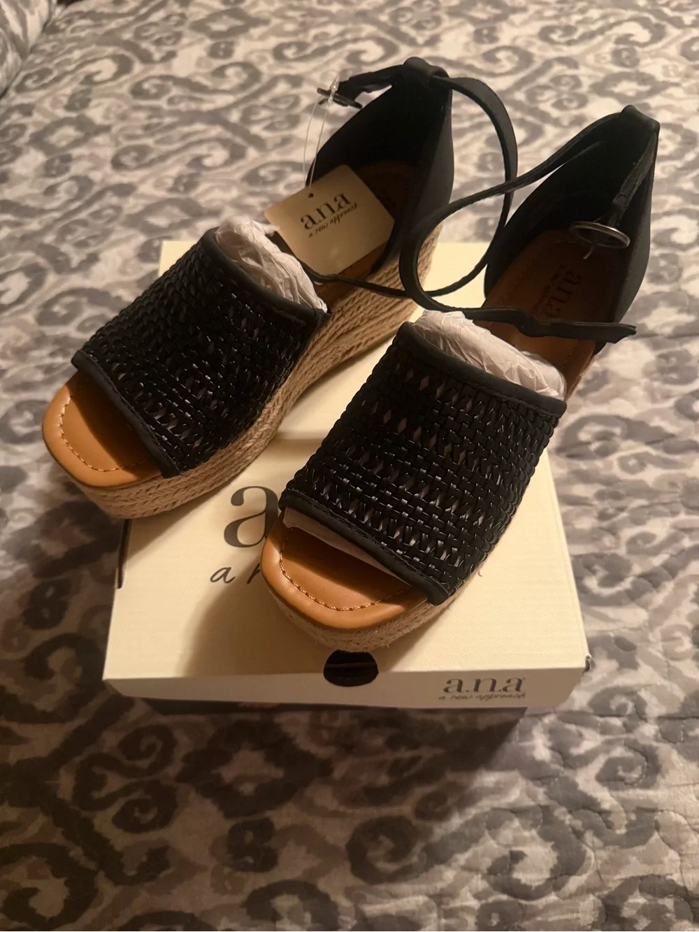 NWT A.N.A Black Woven Espadrille Ankle-Strap Wedge Sandals